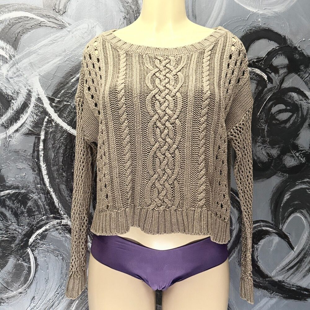 Trouvé Pull Over Sweater Taupe Cable Knit Openwork Small